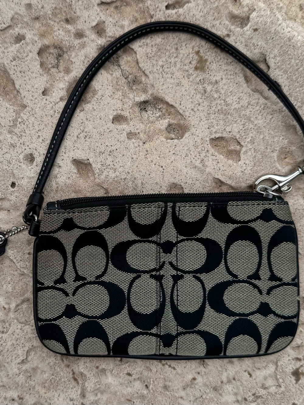 Coach Black & Tan/grayish Signature Jacquard Wristlet